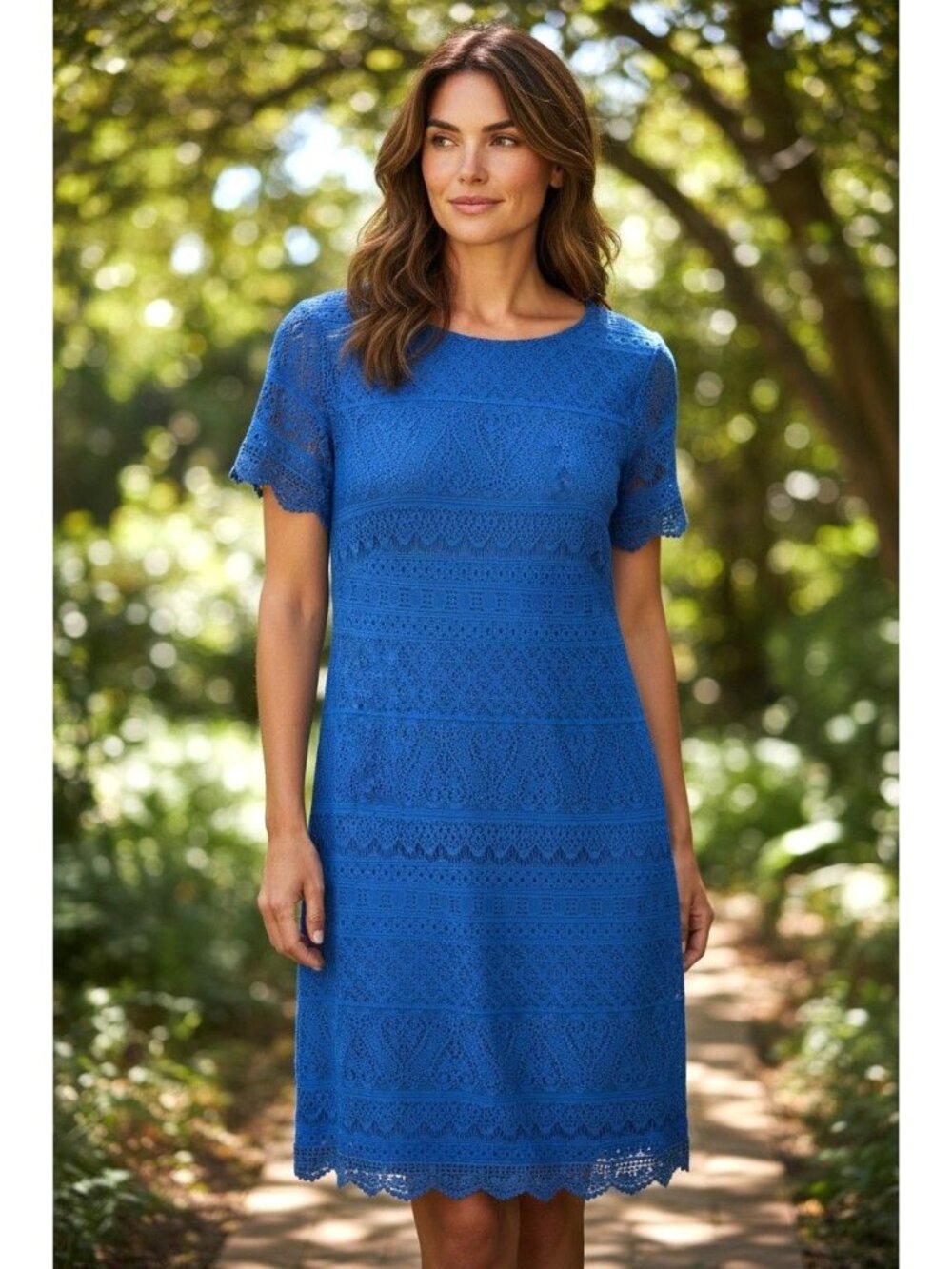 Maggy London Blue Lace Scalloped Short Sleeve Shift Dress Size 10 Summer Wedding